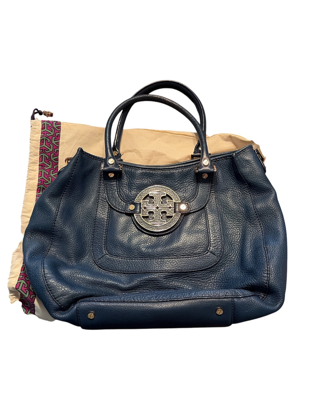 Tory Burch Amanda Classic Hobo Bag Blue Pebbled Leather Gold Hardware + Dust Bag